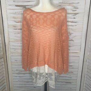UMGEE Women’s Small Boho Lace Trim Crochet Knit Oversized Tunic Top Coral Sheer